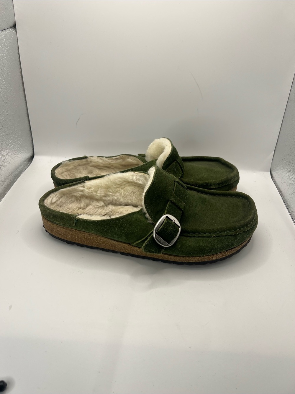 Birkenstock Olive Green Suede Shearling Clogs with Buckle - Picture 13 of 13